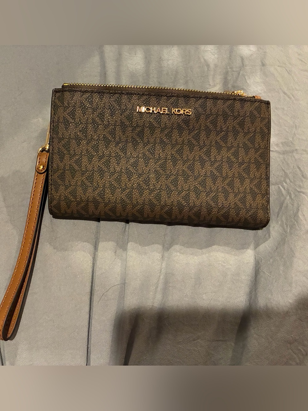 Michael Kors Brown and Tan MK Logo Wristlet with Gold Hardware
